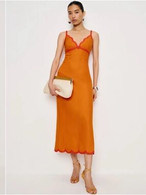 Reformation Petites Sara Linen Orange Scallop-Trim Midi Dress, Sz 0P NWT